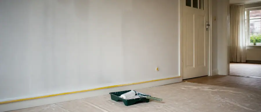Woonkamer met een muur in de grondverf en afplaktape langs de plint