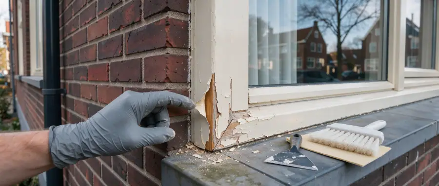 Detail van een houten buitenkozijn met plaatselijk bladderende verf dat zorgvuldig wordt geïnspecteerd