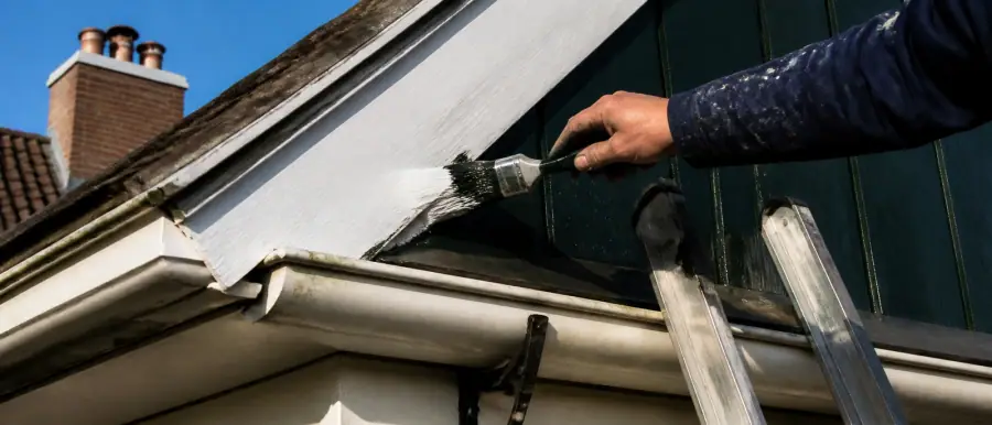 Boeidelen en gevelbetimmering worden geschilderd, met een ladder tegen de dakgoot
