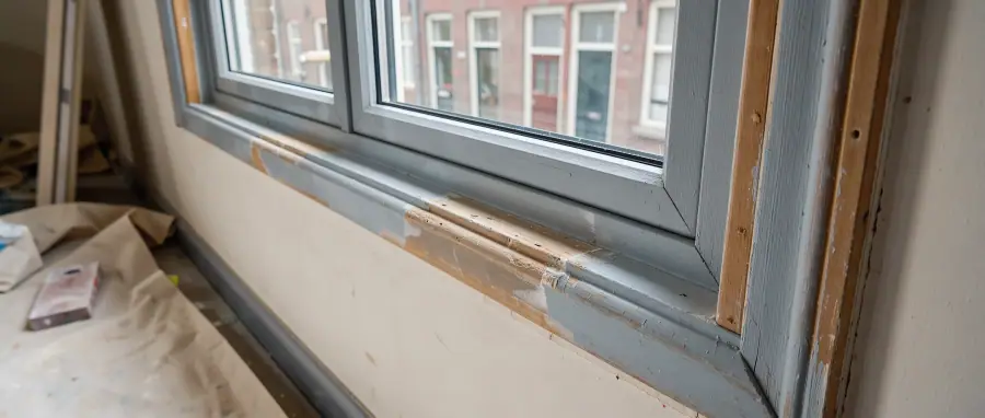 Houten kozijn in een Arnhemse woning met nieuw isolatieglas, herstelde glaslatten en zorgvuldig aangebrachte grondverf