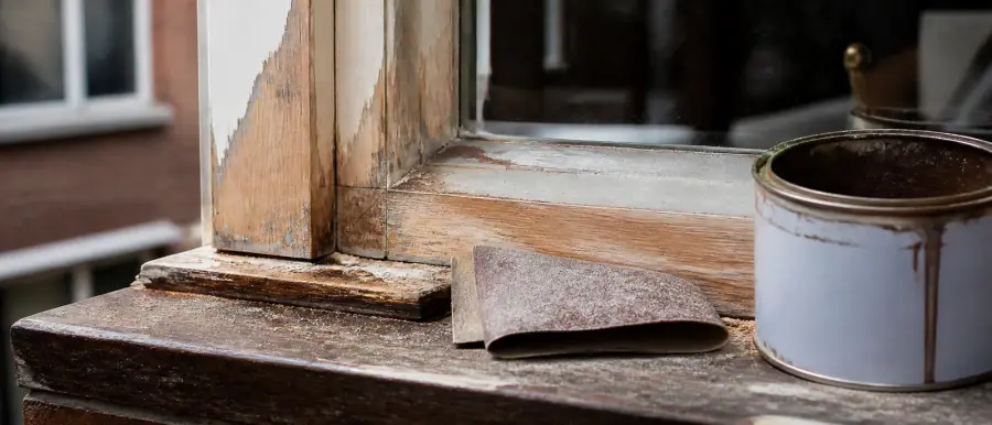 Hoekverbinding van een oud houten kozijn, met schuurpapier op de vensterbank